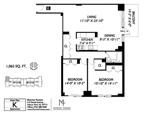 Floor plan for 2 beds, 1 bath, 1065 sqft